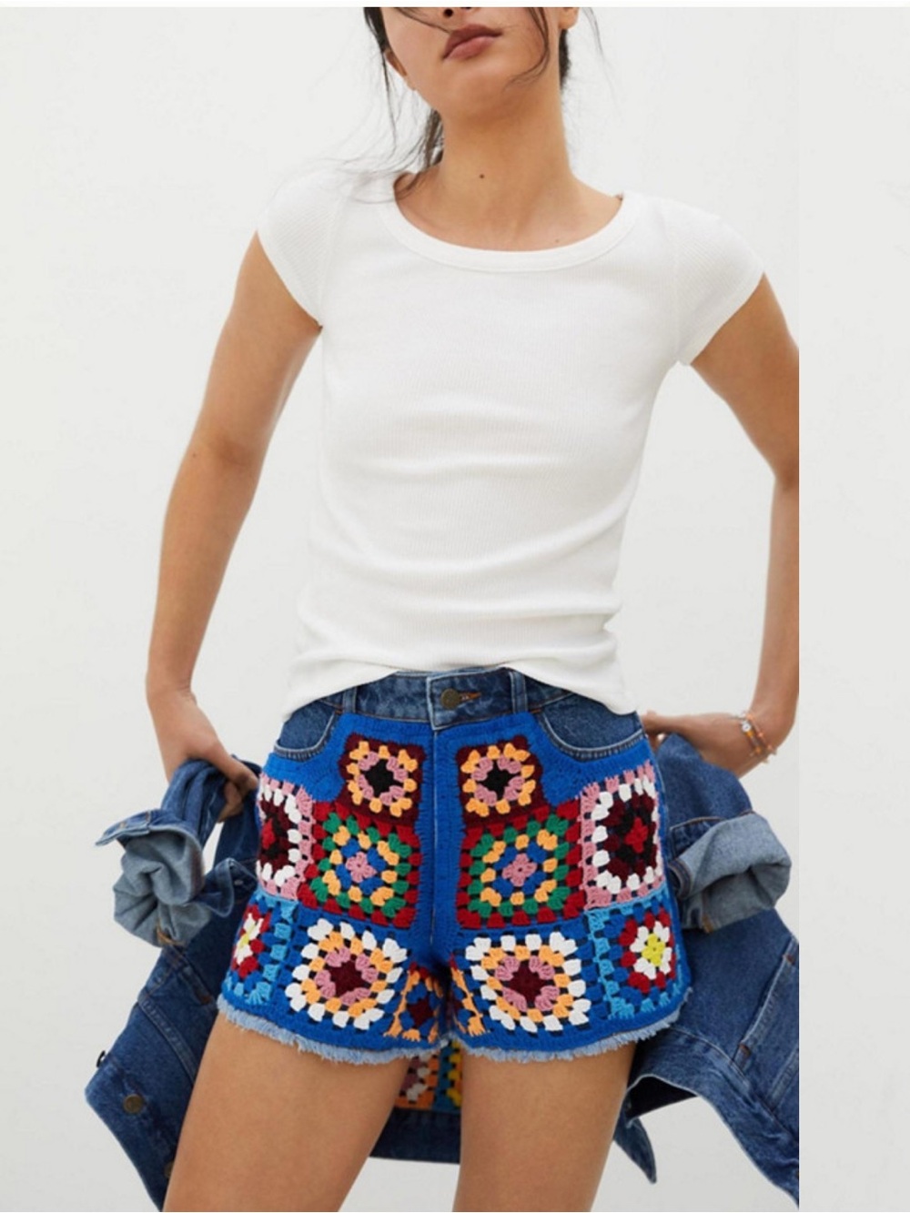 FARM Rio x Anthropologie Ultra High Rise Crochet Denim 3” Shorts Size 28 NWOT
